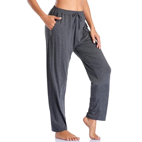 Envlon Women's Yoga Pants with Pockets Comfy Stretch Loose Wide Leg Casual Pants Breathable Running Workout Lounge Pants (Dark Grey, Large)
