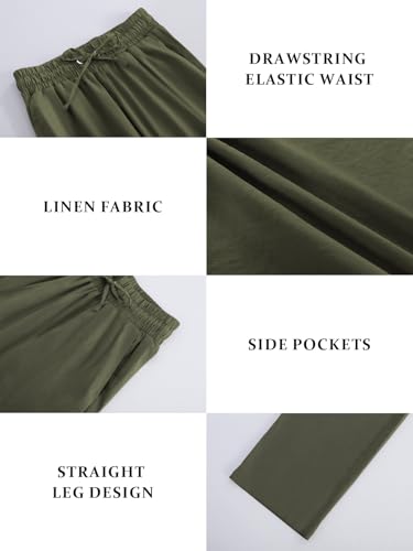 JEKAOYI Womens High Waist Casual Pants Drawstring Straight Leg Vacation Comfy Lounge Pocket Linen Trousers Grey Green