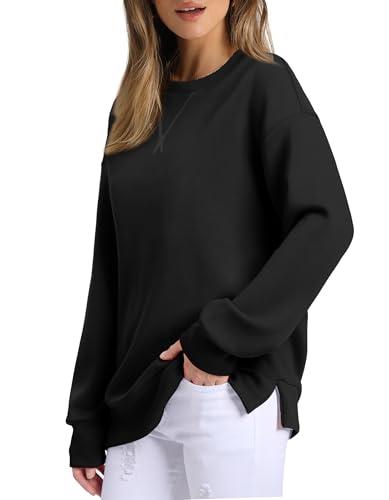 Womens Casual Loose Fit Sweatshirt Trendy Tops Crewneck Side Split Long Sleeve Shirts