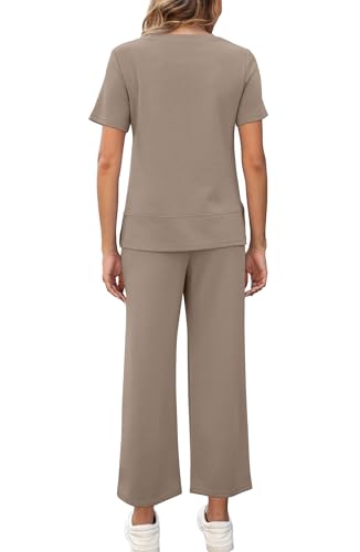 XIEERDUO Women Plus Size Lounge Sets 2 Piece Summer Outfits Spring Short Sleeve Loungewear Wide Leg Tracksuits Travel Cruise Wear Airport Track Suits Vacation Clothes Matching Clothing Khaki 3XL