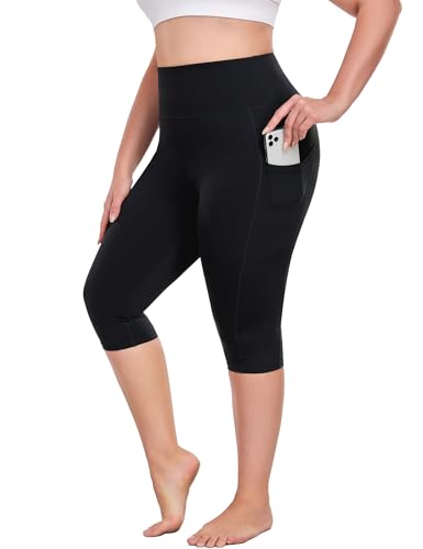MEJING Womens Plus Size Capri Leggings with Pockets, Black Yoga Pants High Waisted, Knee Length Workout Legging Stretchy, Gym Activewear XL