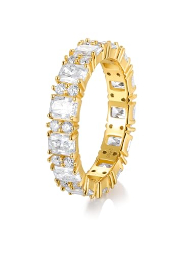 Wyyxl Emerald Cut Moissanite Ring Sterling Silver White Gold Plated 3 Carat Full Diamond Eternity Band Stackable Finger Jewelry Size 4 Pinky Baguette Ring