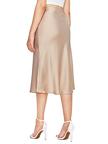 Cream Satin Skirt Outfit - Verdusa Womens Elegant High Waist Satin A Line Flared Midi Skirt