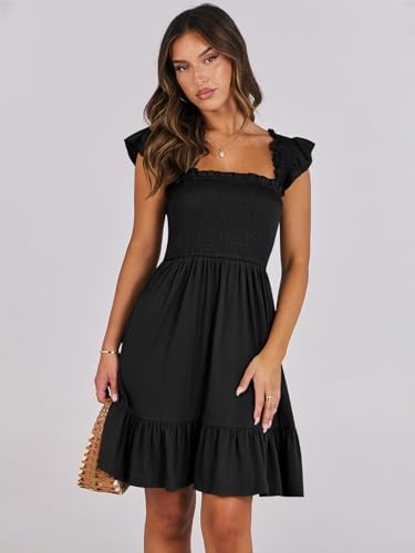 ANRABESS Women's Summer Casual Sleeveless Square Neck Dress 2025 Smocked Ruffle Backless Boho Beach Cute Teen Short Sundress Black Small