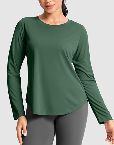 SANTINY Lightweight Long Sleeve Workout Tops for Women Breathable Gym Yoga Athletic Running Hiking Top UPF 50+ Sun Shirts (Green_M)