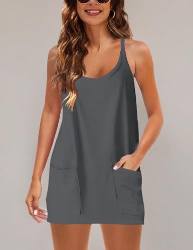 Zhiyouni Women's Summer Sleeveless Mini Dress V Neck Spaghetti Straps Athletic Built-in Shorts Sundress(Darkgrey-M)