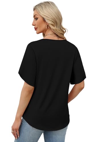 WIHOLL Womens Tops Short Sleeve Shirts Summer Outfits 2026 Blouses for Women Dressey Casual Cute Tops Beach Vacation Clothes Fashion Clothing Business Black XXL
