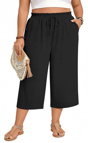Anyhold Womens Plus Size Capri Pants Loose High Waisted Wide Leg Lounge Pants Drawstring Casual Palazzo Trousers with Pockets 2X-Large, Black