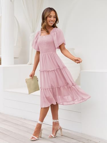 LILLUSORY Women Dresses Spring Summer 2026 Midi Graduation Bridal Baby Shower Casual Flowy Boho Sun Sundress Bridesmaid Brunch Cute Ladies Vacation Beach Smocked Teacher Clothes Outfits Pink M