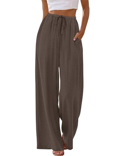 Sampeel Wide Leg Pants Woman Flowy Pants Elastic Waist Trousers Business Casual Outfits Work Linen Clothes Summer Travel Comfiest Airport Outfits Luxury 2026 Chocolate Brown Clothes L