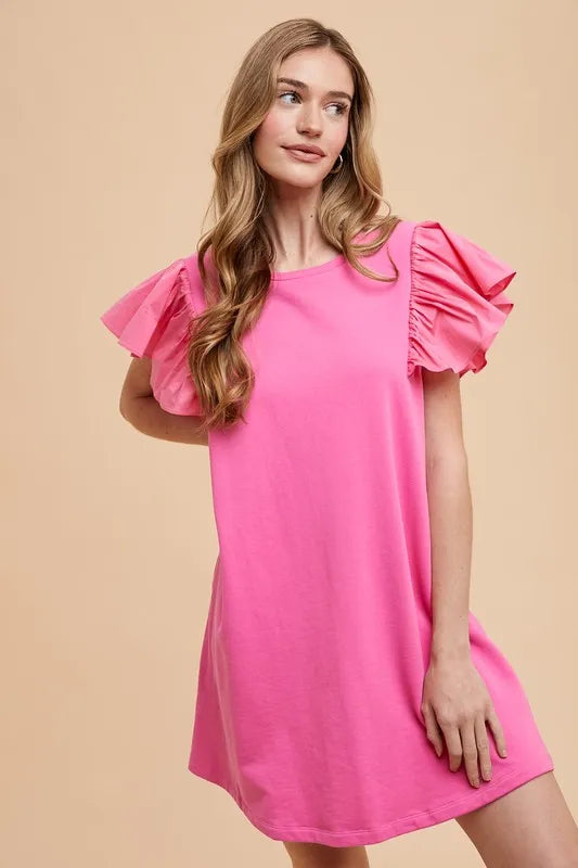 Annie Wear Round Neckline Ruffle Sleeve Relaxed Knit Dress