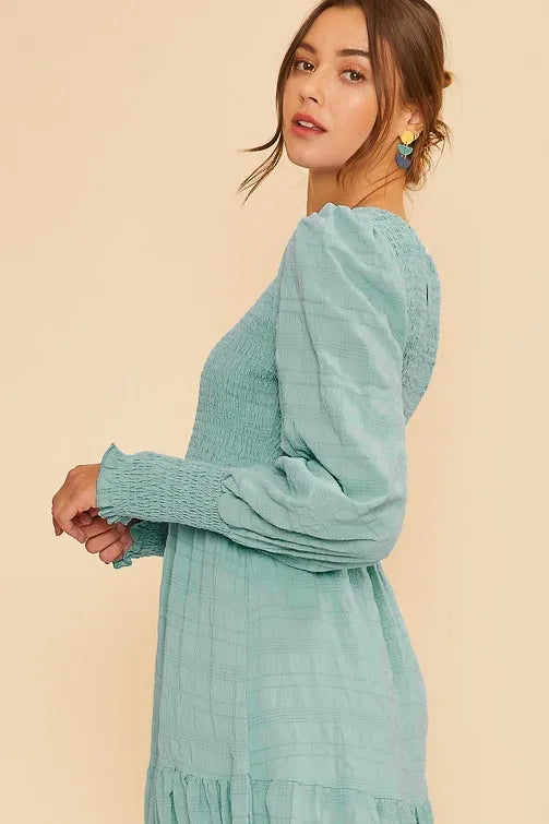 Annie Wear Textured Smocking Bodice Tiered Midi Dress