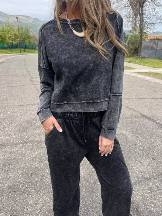 Full Size Washed Round Neck Top and Drawstring Pants Set Plus Size