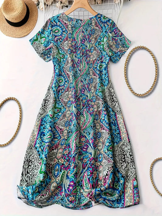 Plus Size Paisley Print V-Neck Short Sleeve Dress