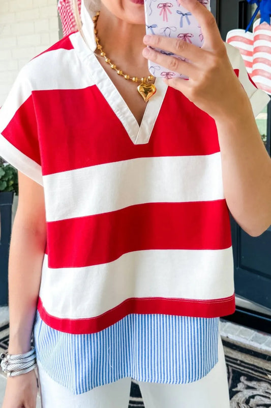 Stripe Collar V Neck Cuffed Dolman Short Sleeve Top