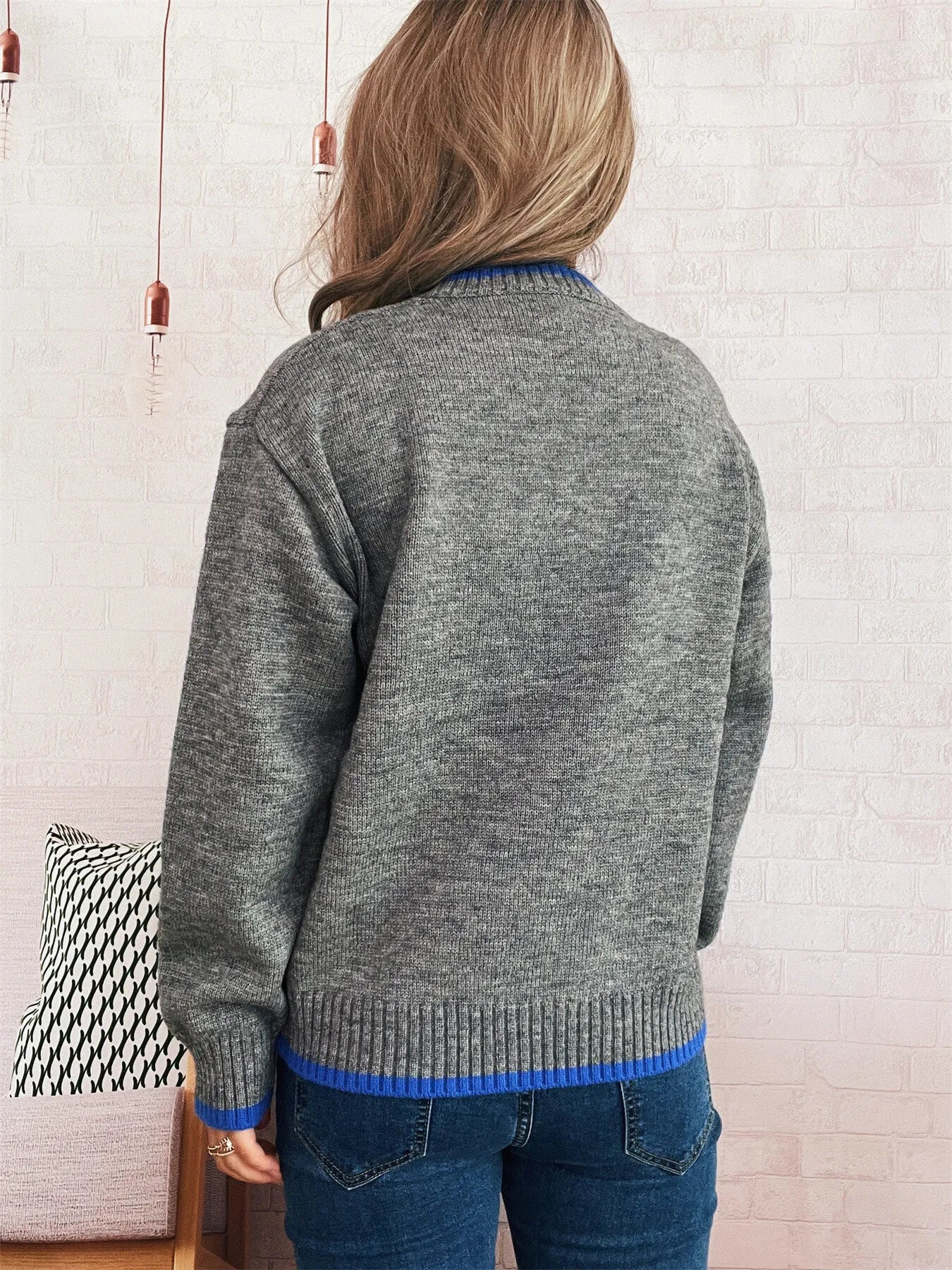 Ribbed Contrast Trim Long Sleeve Sweater