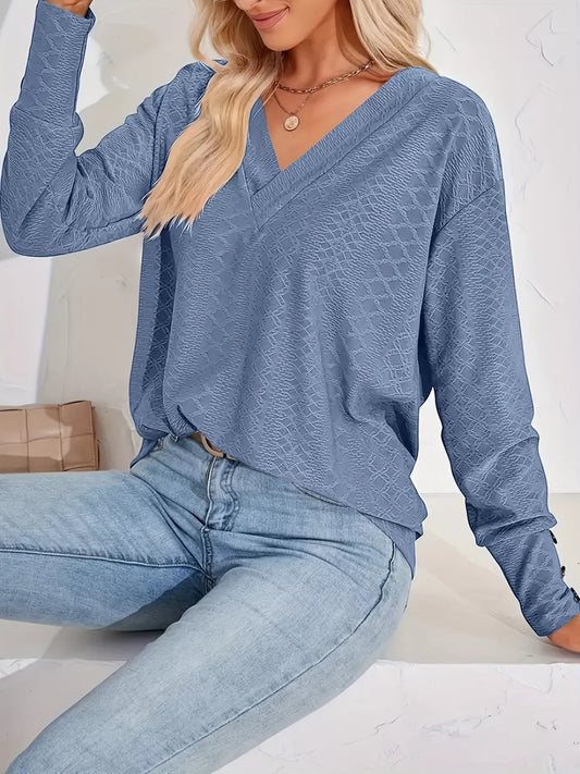 Plus Size V-Neck Textured Long Sleeve T-Shirt