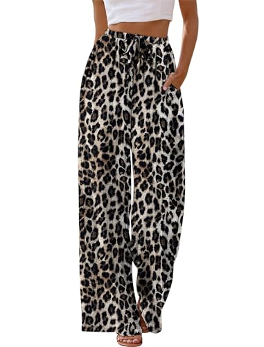 Sampeel Women's Leopard Print Wide Leg Pants Long Cute Summer Outfits Vacation Beach Clothes Palazzo Pants High Waist Trousers Date Outfits Business Casual Luxury Fashion Clothing M