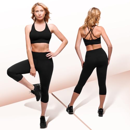 SINOPHANT High Waisted Leggings with Pockets Women, Full Length Capri Buttery Soft Stretchy Yoga Pants(Capri Black,XXL)