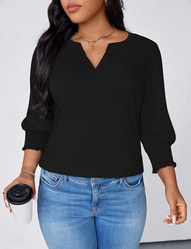 TFSDOD Plus Size Tops for Women Trendy 3/4 Length Sleeve Womens Tops Loose Fit Dressy Blouses V Neck Shirts Summer Outfits for Women Black 2X