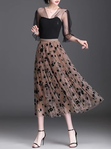 Reaowazo Skirts for Women Midi Long Length Dressy Casual Trendy Summer Tulle A-Line Floral High Waist Skirt Khaki S-M