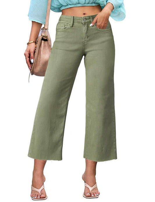 Allimy Women's High Waisted Straight Ankle Wide Leg Ripped Jeans Frayed Hem Stretchy Capri Denim Pants Olive Size 4