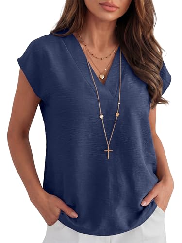 ANRABESS Women Tops Cap Sleeve Dressy Casual V Neck Shirts 2026 Summer Business Work Blouses Outfits Trendy Spring Clothing Navy Blue Medium