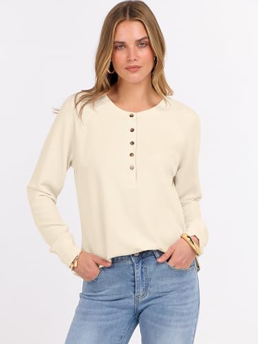 ANRABESS Women's Long Sleeve Waffle Knit Shirts Dressy Casual Loose Button Up V Neck Henley Tops 2026 Fall Basic Tee Blouse Parchment X-Large