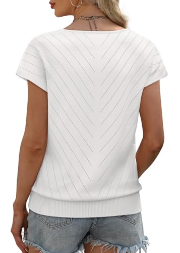 WIHOLL Short Sleeve Sweater for Women Trendy Womens Tops 2026 Summer V Neck T Shirts Cap Sleeve Beach Fashion Travel Outfits Vacation Clothes Ladies Tops Dressy Casual Lightweight Sweaters White M