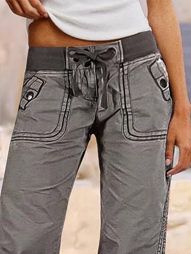 Flamingals Straight Leg Pants for Women Drawstring Waist Mid Rise Casual Solid Seam Detail Pants Gray S