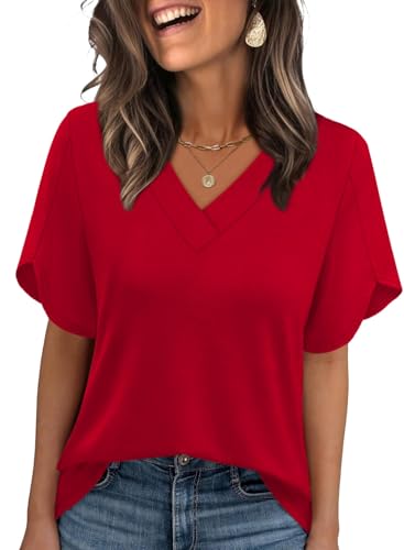 WIHOLL Womens Summer Tops 2026 Short Sleeve Shirts Loose Fit Blouses for Women Dressy Casual Fashion Clothes Date Outfits Beach Vacation Traval Outfits Red XL