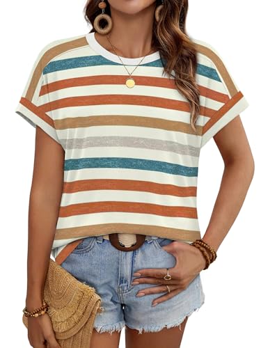 WIHOLL Womens Tops Summer Outfits 2026 Spring Clothes Break Essential Boho Vacation Cruise Fashion Trendy Short Cap Sleeve T Shirts Clothing Orange Stripes L