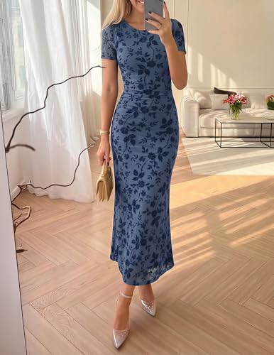 ZESICA Women's Summer Short Sleeve Floral Bodycon Dress 2026 Ruched Mesh Wedding Guest Cocktail Party Maxi Dresses Dusty Blue Medium