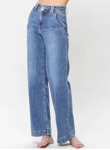 Astylish Women's Pants Wide Leg Jeans Woman Tummy High Waist Double Button Bootcut Trousers Stretchy Vintage Denim Jean Pants with Slanted Pockets Size 10 Sky Blue
