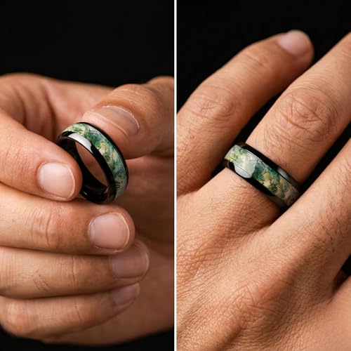 QHQPQ Natural Moss Agate Wedding Rings 925 Sterling Silver Engagement Ring for Men 10K Gold Moss Agate Promise Ring Anniversary Christmas Jewelry Gifts