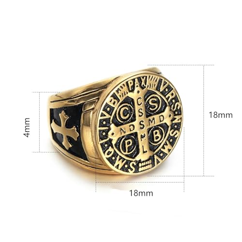 MRENITE Personalized 10K 14K 18K Gold Catholic St Saint Benedict Cross Ring for Men Round Pinky Signet Ring Custom Size Engraved Name Religious Gift Ring for Father