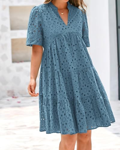 BTFBM Womens Boho Summer Dresses 2026 Spring V Neck Short Sleeve Hollow Out Lace Ruffle Casual Beach Mini Vacation Dress(Grey Blue, Large)