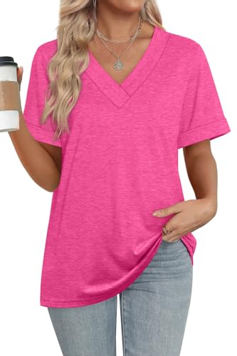 WIHOLL Summer Tops for Women Dressy Casual Short Sleeve Shirts V Neck Loose Fit Basic Cute Tops for Women Trendy Vacation Outfits Hot Pink XL