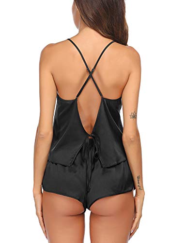 Ekouaer Silk Pajamas Set for Women Satin Backless Lingerie Pjs Cami Top and Shorts PJ Set Silky Nightwear Black