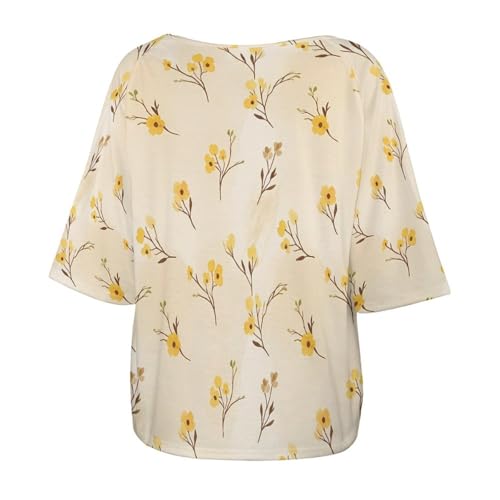 Off Shoulder Mid Sleeve Top Relaxed Fit Lightweight Women's Top Casual Fashion Simple Yellow Watercolor Spring Flower Pattern 2XL