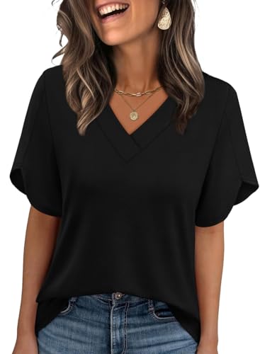WIHOLL Womens Tops Short Sleeve Shirts Summer Outfits 2026 Blouses for Women Dressey Casual Beach Vacation Clothes Fashion Clothing Business Black XL