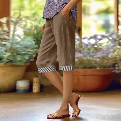 Women Cotton Linen Knee Length Capri Pants Dressy Lightweight Bermuda Shorts Drawstring Beach Vacation Slacks Trousers Brown