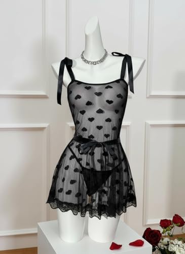 Avidlove Sexy Lingerie for Women Heart Bow Tie Mesh Babydoll Lingerie Lace Chemise Sleepwear with Belt(Black,L)