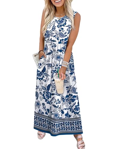 Dresses for Women 2026 Elegant Classy Maxi Summer Dresses Beach Vacation Outfits Spring Clothes Ethnic Floral Blue Sundresses with Pockets M