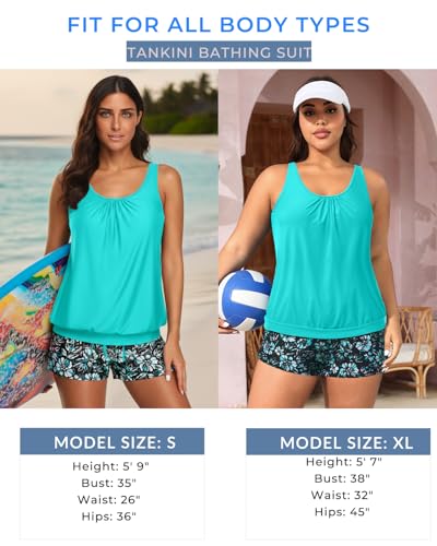 Aqua Eve Two Piece Women's Tankini Swimsuits Blouson Swim Tank Top with Shorts Modest Bathing Suits Blue Green Flower XL