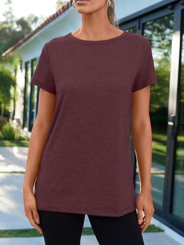 AUTOMET Women's Soft Basic Short Sleeve T-Shirt, Round Neck Tops Summer Casual Tee for Spring Shirts Clothes Everyday Wear 02winered L
