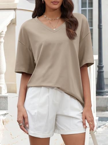 ATHMILE Womens Summer Oversized Shirts V Neck Plus Size Spring Workout Tops Beach Vacation 2025 Gym Clothes Khaki