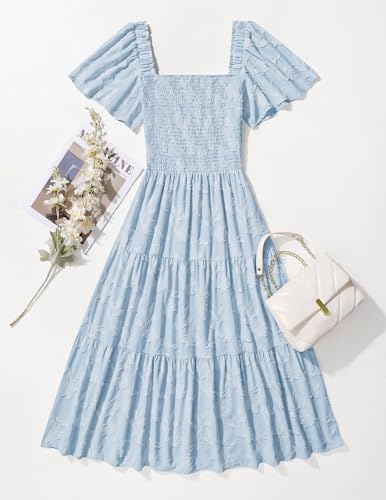 ZESICA Womens Summer Boho Floral Midi Dress 2026 Casual Flowy Beach Vacation Wedding Guest Graduation Long Dresses Blue Small