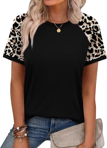 WIHOLL Womens Summer Tops Dressy Casual Blouses Spring Break Outfits Short Sleeve Shirts Crewneck Fashion Clothing Vacation Outfits Color Block Leopard Black L