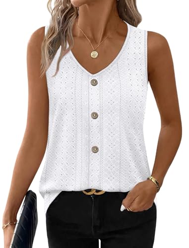 WIHOLL Tank Top for Women Trendy Flowy Beach Vacation Clothes Sleeveless Womens Summer Boho Tops Cruise Outfits Eyelet Dressy Casual Loose Fit White M